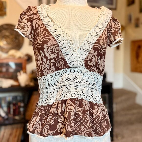 Vintage 90s / 2000s y2k Boho Hippie Fairycore Floral Baby Doll Top - Picture 1 of 8